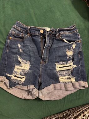 Wax Jean Dark Blue Distressed Roll-Cuff Denim Shorts
